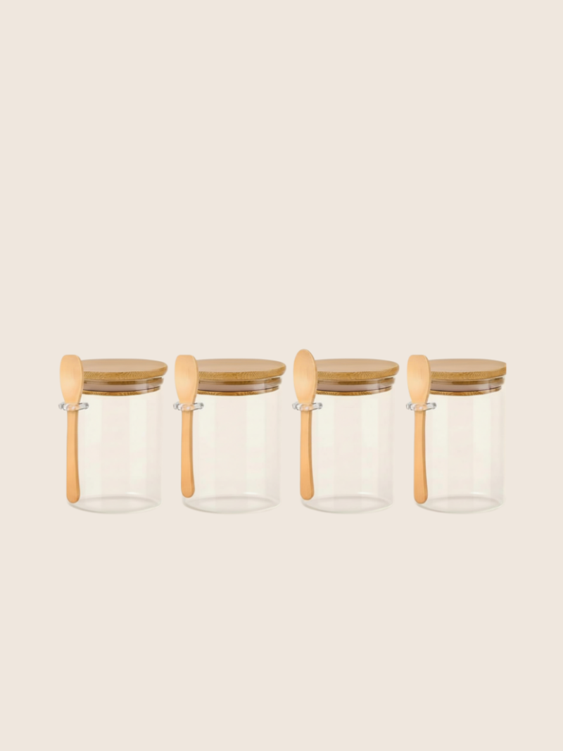 Lot de 4 Pot en Verre Hermétique avec Cuillère en Bambou
