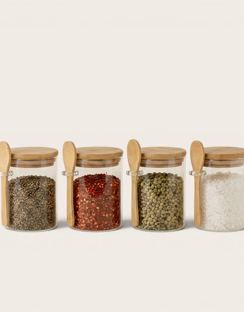 Lot de 4 Pot en Verre Hermétique avec Cuillère en Bambou